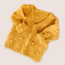 Load image into Gallery viewer, Baby yellow knit pom pom cardigan with four center buttons

