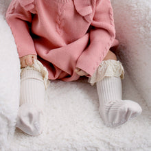 Load image into Gallery viewer, baby sitting wearing cream ruffle socks
