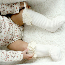Load image into Gallery viewer, baby sitting wearing cream ruffle socks
