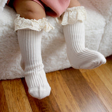 Load image into Gallery viewer, baby&#39;s legs wearing cream ruffle socks
