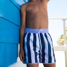Load image into Gallery viewer, child standing wearing blue and white striped toddler swim trunks
