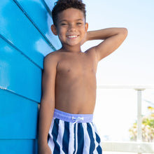 Load image into Gallery viewer, toddler standing wearing blue and white swim trunks
