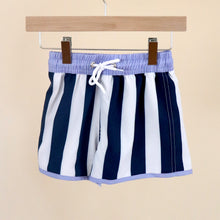 Load image into Gallery viewer, blue and white striped toddler swim trunks
