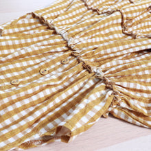 Load image into Gallery viewer, gold gingham tiered toddler dress with hand tied bow straps
