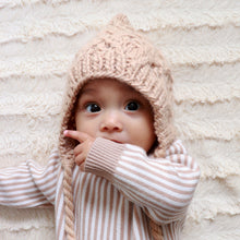 Load image into Gallery viewer, baby sucking thumb wearing latte colored baby knit bonnet

