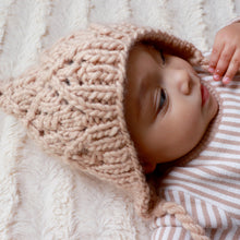 Load image into Gallery viewer, baby&#39;s head wearing latte colored knit bonnet
